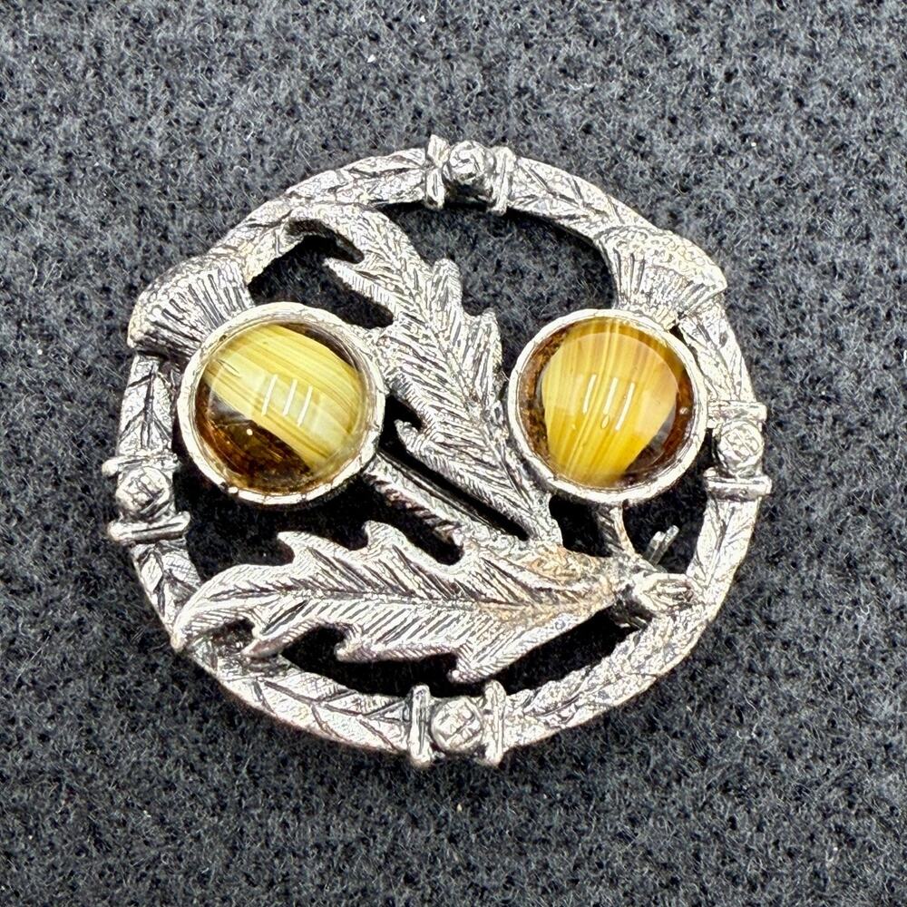 Vintage Scottish Thistle Brooch Pin with Amber Glass Cabochons Celtic Style
